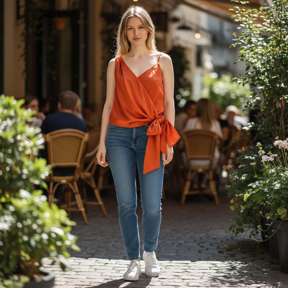 Glam Orange Asymmetric Faux Wrap Side Tie Camisole Top Sleeveless Blouse M (149)